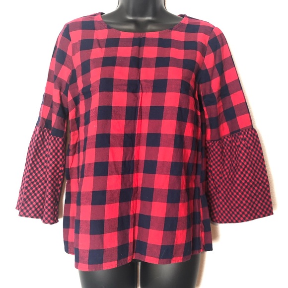 J.CREW MERCANTILE plaid boho bell sleeve shirt 2 - Picture 3 of 14